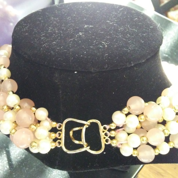 Rose Quarts and Faux Glass Pearls Necklace Vintage - Picture 2 of 2